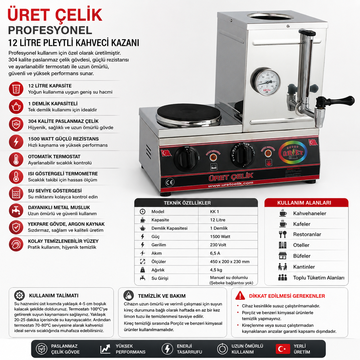 Üret Çelik Profesyonel 12 Litre Pleytli Kahveci Kazanı